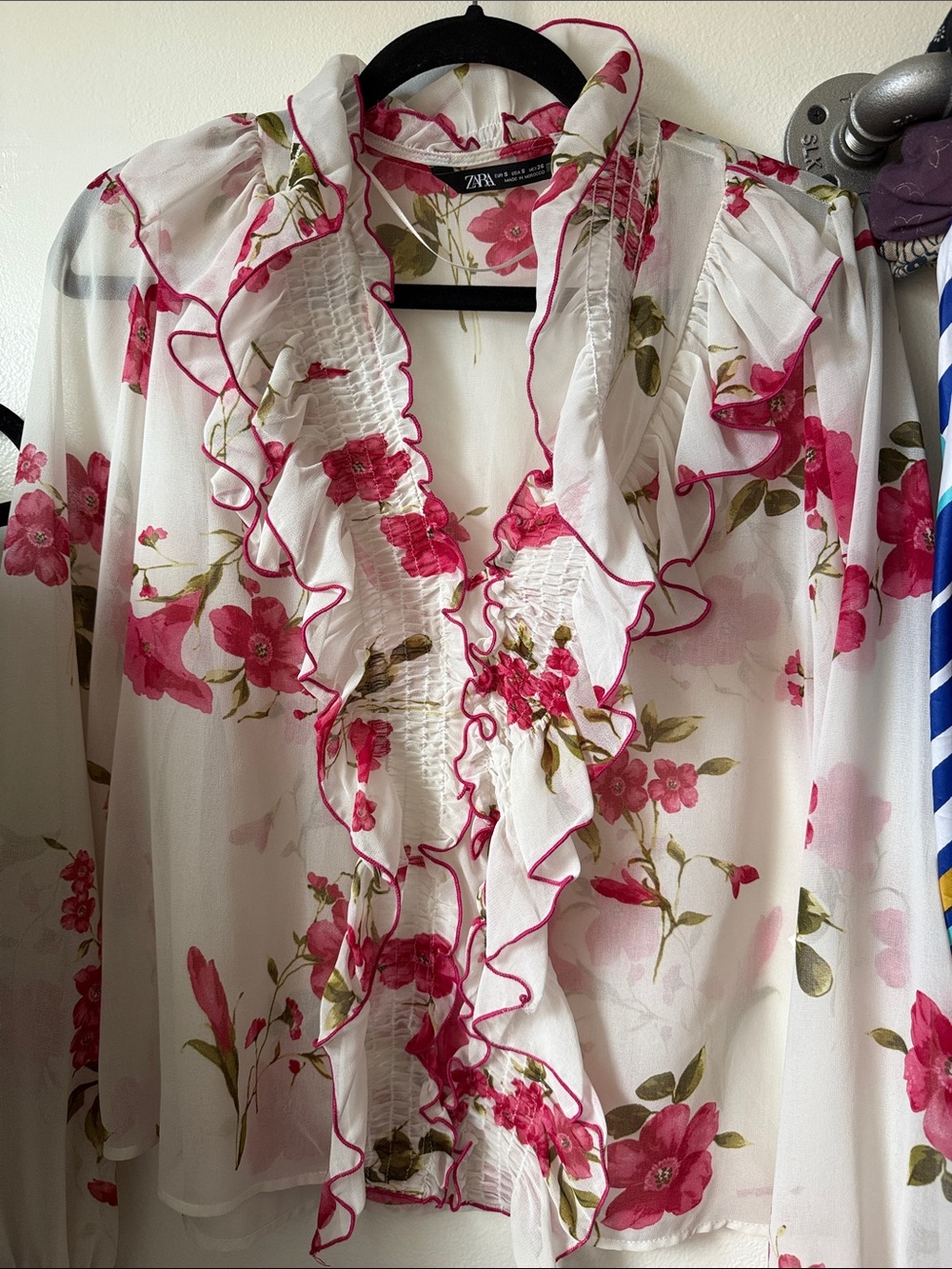 Zara White Sheer Blouse with Pink Floral Ruffle Trim